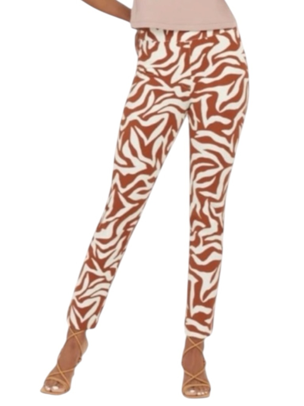SPANX “On the Go” Ankle Slim Straight Leg Pull-on Pants in Brown/Cream Size S